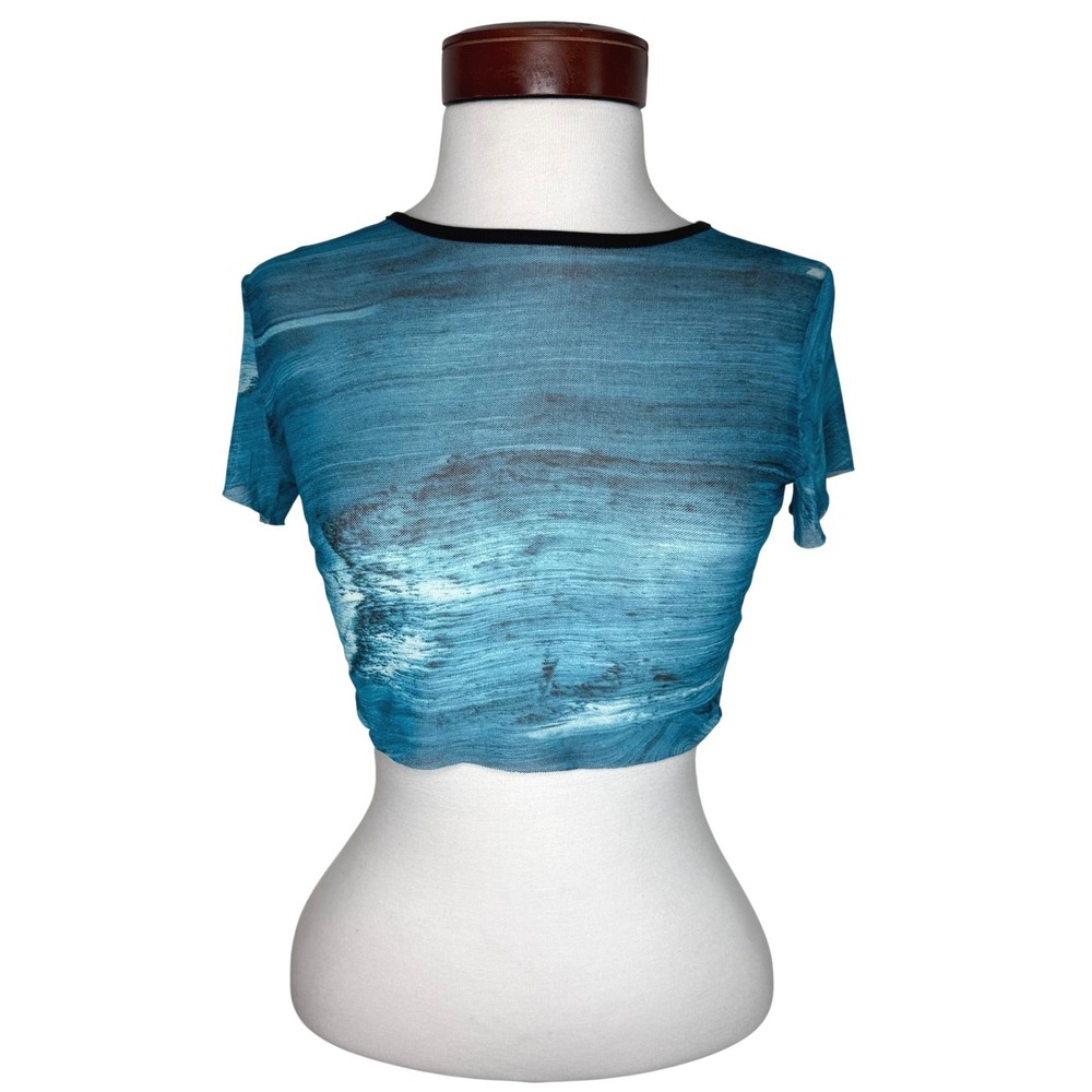 Lucy‎ in the Sky Mesh Baby Tee Small Blue Ocean Sheer Y2K Crop Top Mermaid Artsy